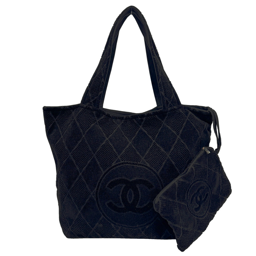 CHANEL Beach Bag Black Towel Pouch Coco Mark Outing